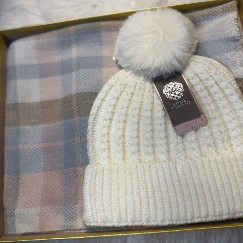Vince Camuto Cream Knit Beanie and Pastel Plaid Scarf Gift Set - New in Box